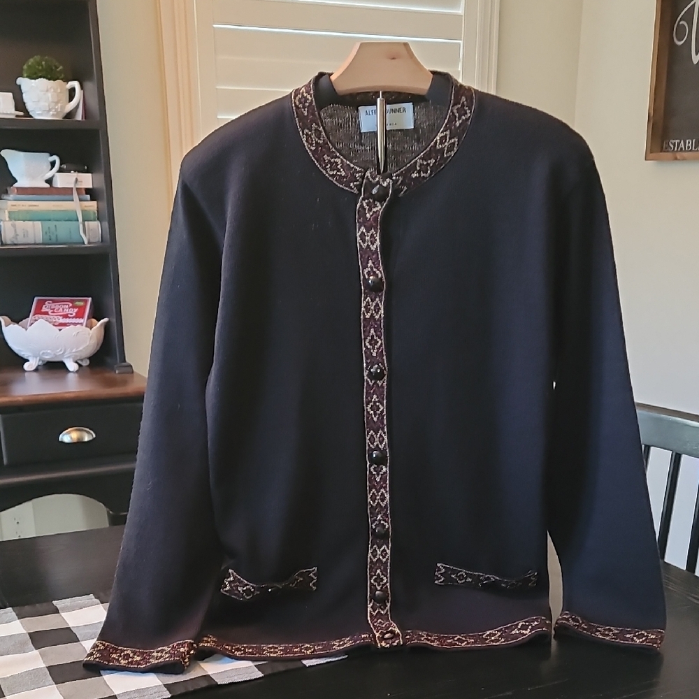 Alfred Dunner Black Cardigan With Gold/Red Trim Ladies Small